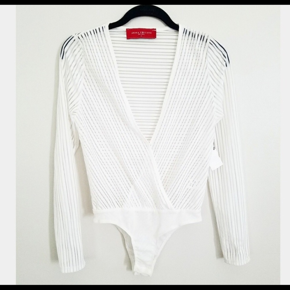Akira sheer white striped bodysuit leotard